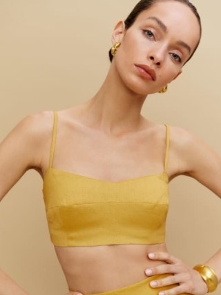 Reformation Amery Linen Cropped Top in Sunflower – yellow strappy crop tops