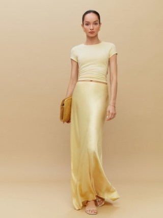 Reformation Bella Silk Skirt in Sunshine – slinky yellow maxi length slip skirts