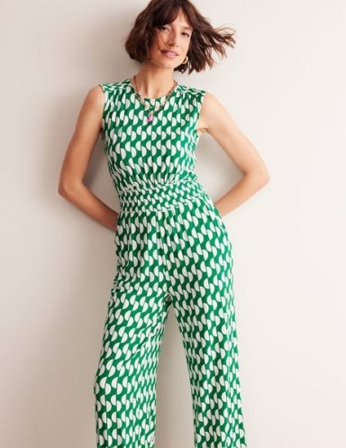 Boden Thea Jersey Jumpsuit in Green, Geo Wave ~ women’s sleeveless summer jumpsuits