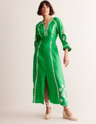 Boden Una Linen Embroidered Dress in Bright Green ~ long sleeve cinched waist kaftan style dresses ~ women’s summer holiday clothing