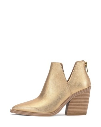 Vince Camuto Gidgeta Bootie in Gold Metallic / women’s cowboy inspired footwear / luxe western snip toe booties / women’s chunky heel ankle boots