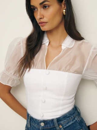 Reformation Avianna Linen Top in White – fitted semi sheer collared tops – women’s luxe fashion