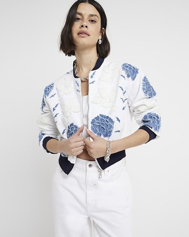 RIVER ISLAND White Embroidered Cropped Bomber Jacket – cotton floral crop hem jackets