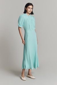 GHOST LONDON Adele Satin Back Crepe Midi Dress in Light Blue | short sleeve retro style dresses