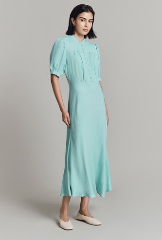 GHOST LONDON Adele Satin Back Crepe Midi Dress in Light Blue | short sleeve retro style dresses