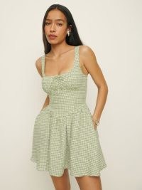 Reformation Daria Linen Dress in Avocado Check | sleeveless green checked fit and flare mini dresses | summer fashion | fitted bodice