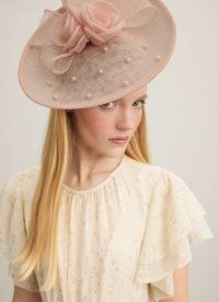 L.K. BENNETT Ayla Pink Mesh Pearl Detail Wide Brim Fascinator / chic floral detail fascinators / wedding guest accessories / mother of the bride hats