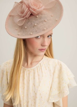 L.K. BENNETT Ayla Pink Mesh Pearl Detail Wide Brim Fascinator / chic floral detail fascinators / wedding guest accessories / mother of the bride hats