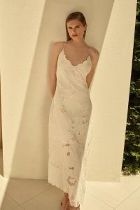 KAREN MILLEN Beaded Cotton Organdie Cutwork Woven Strappy Midi Dress in White ~ floral spaghetti strap summer dresses