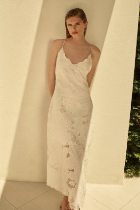 KAREN MILLEN Beaded Cotton Organdie Cutwork Woven Strappy Midi Dress in White ~ floral spaghetti strap summer dresses