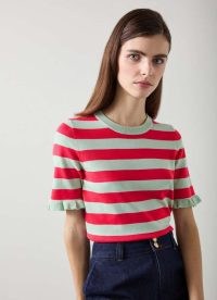 L.K. BENNETT Bells Green Frill Knit Top ~ red striped ruffle sleeve tops