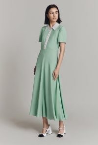 GHOST LONDON Bethan Satin Back Crepe Midi Shirt Dress in Green | short sleeve collared vintage style dresses | retro inspired fashion