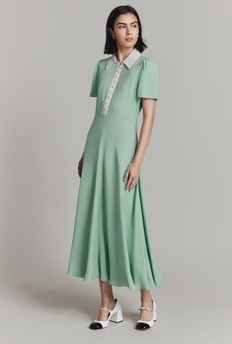 GHOST LONDON Bethan Satin Back Crepe Midi Shirt Dress in Green | short sleeve collared vintage style dresses | retro inspired fashion