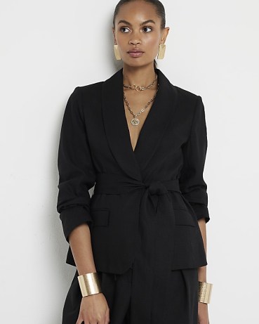 RIVER ISLAND Black Belted Linen Blend Wrapped Blazer – women’s chic blazers