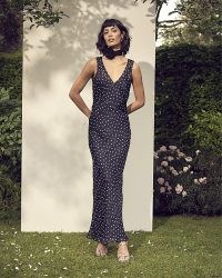 RIVER ISLAND Black Chiffon Spot Slip Maxi Dress ~ long length polka dot print summer occasion dresses ~ garden party fashion