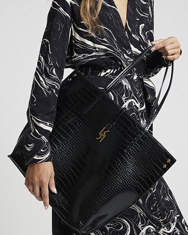 RIVER ISLAND Black Croc Embossed Tote Bag / crocodile effect bags