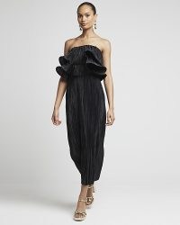 RIVER ISLAND Black Plisse Frill Bandeau Midi Dress ~ strapless ruffled party dresses