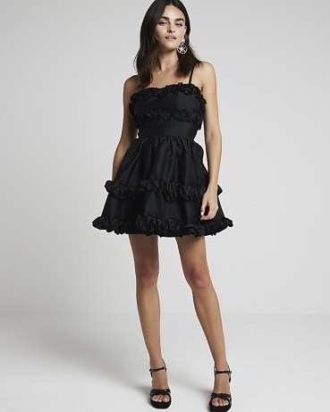 RIVER ISLAND Black Ruffle Bandeau Mini Dress ~ strappy prom fashion ~ slinny shoulder strap fit and flare party dresses