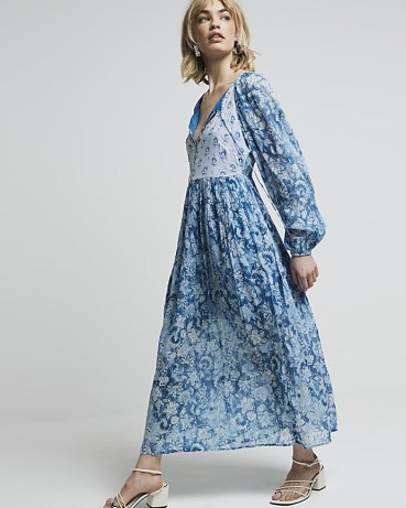 RIVER ISLAND Blue Floral Glitter Detail Smock Maxi Dress / boho summer fashion