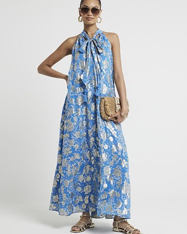 RIVER ISLAND Blue Floral Glitter Shift Maxi Dress / metallic summer dresses