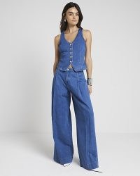 RIVER ISLAND Blue Mid Rise Pleated Wide Leg Jeans ~ women’s relaxed denim fashion ~ womens front pleat detail jean
