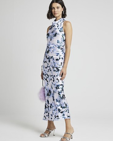 RIVER ISLAND Blue Satin Floral Cross Back Slip Midi Dress ~ silky sleeveless summer occasion dresses