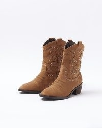 RIVER ISLAND Brown Studded Western Cowboy Boots ~ women’s faux suede stud embellished boots