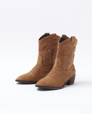 RIVER ISLAND Brown Studded Western Cowboy Boots ~ women’s faux suede stud embellished boots