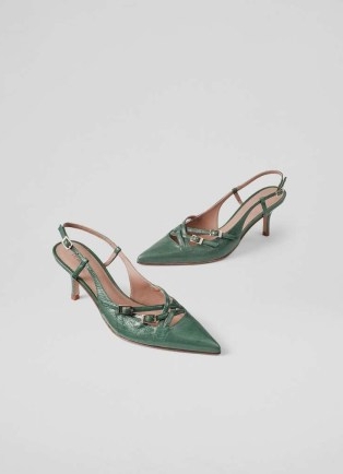 Caprice Jade Multi Strap Open Court Shoes ~ chic strappy retro style courts ~ luxe green leather vintage inspired pointed slingbacks