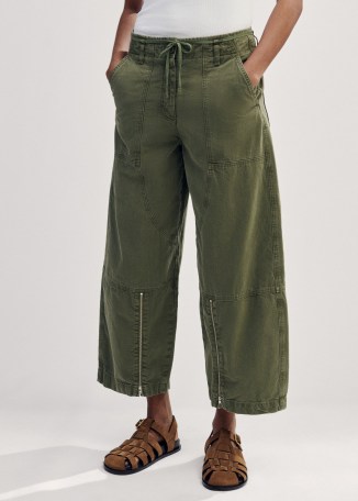 me and em Casual Crop Trouser in Light Khaki – womens green cropped zip detail trousers