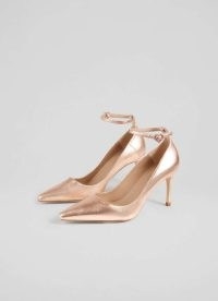 L.K. BENNETT Catelyn Copper Ankle Strap Closed Courts / metallic pumps / luxe leather court shoes woth crystal heart buckle