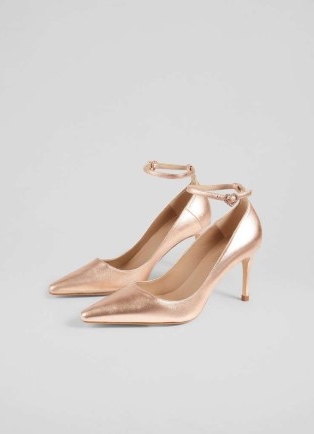 L.K. BENNETT Catelyn Copper Ankle Strap Closed Courts / metallic pumps / luxe leather court shoes woth crystal heart buckle