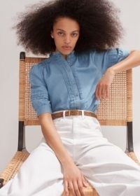 ME and EM Chambray Blouse in Blue ~ lightweight denim frill collar blouses ~ women’s cotton summer tops