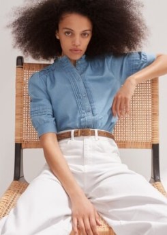 ME and EM Chambray Blouse in Blue ~ lightweight denim frill collar blouses ~ women’s cotton summer tops