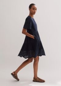 me and em Cheesecloth Broderie Short Swing Dress + Belt in Navy – dark blue relaxed cut out detail summer dresses