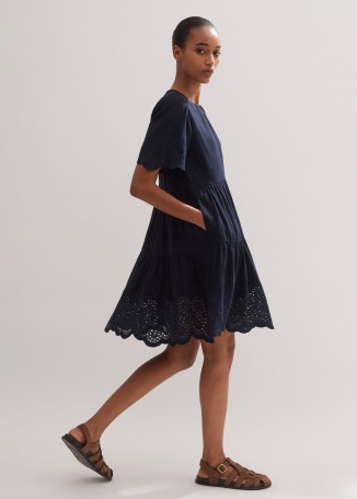 me and em Cheesecloth Broderie Short Swing Dress + Belt in Navy – dark blue relaxed cut out detail summer dresses