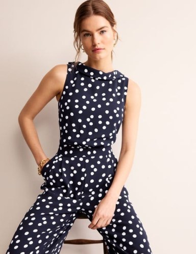 BODEN Clarissa Jumpsuit in Navy, Abstract Dot / chic blue and white spot print jumpsuits