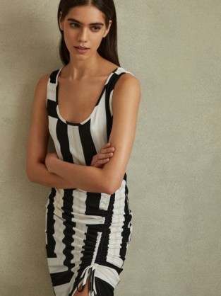 Reiss SERINA COLOURBLOCK RUCHED BODYCON MIDI DRESS in BLACK/WHITE / sleeveless fitted colour block dresses / asymmetric summer fashion