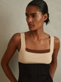 Reiss MAKI COLOURBLOCK SQUARE NECK VEST in NUDE/BLACK / sleeveless colour block summer top / women’s chic vests