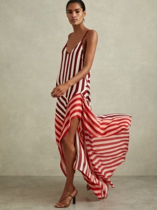 Reiss HOLLY COLOURBLOCK STRIPE ASYMMETRIC MIDI DRESS in Burgundy/Off White / strappy striped colour block summer dresses