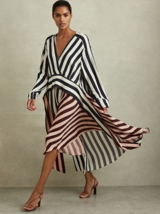 Reiss NOLA COLOURBLOCK STRIPE ASYMMETRIC MIDI DRESS in Navy/Off White / chic striped colour block dresses