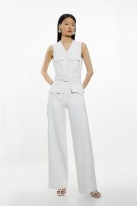 KAREN MILLEN Compact Stretch Tailored Safari Belted Jumpsuit in Ivory ~ chic summer jumpsuits