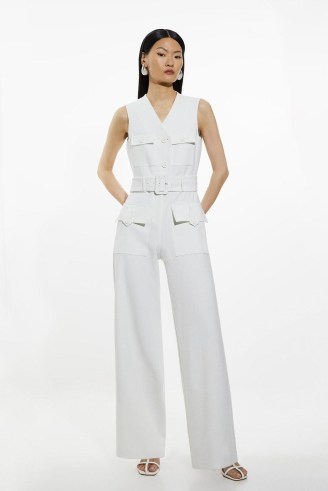 KAREN MILLEN Compact Stretch Tailored Safari Belted Jumpsuit in Ivory ~ chic summer jumpsuits