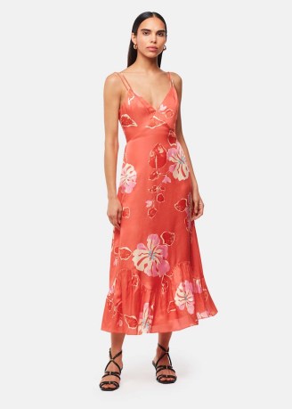 WHISTLES Hibiscus Print Raffa Dress in Coral/Multi / strappy orange floral silk blend dresses / summer event fashion