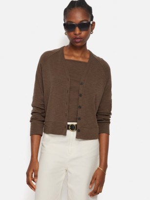 JIGSAW Cotton Luxe Cardigan in Brown ~ women’s V-neck button up cardigans