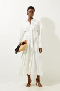KAREN MILLEN Cotton Poplin Woven Pleated Maxi Dress in White ~ summer shirt dresses
