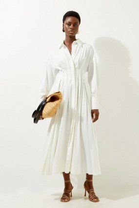 KAREN MILLEN Cotton Poplin Woven Pleated Maxi Dress in White ~ summer shirt dresses