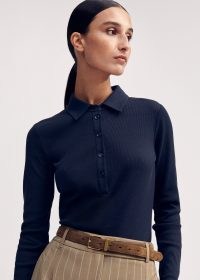 me and em Cotton Rib Fitted Polo Top in Navy — women’s dark blue collared long sleeve tops