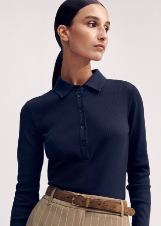 me and em Cotton Rib Fitted Polo Top in Navy — women’s dark blue collared long sleeve tops