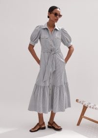 me and em Cotton Seersucker Midi Shirt Dress + Belt in Navy/White – blue and white striped puff sleeve collared dresses – belted tie waist – tiered hem
